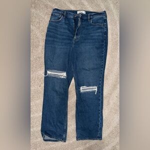 A&F The Ankle Straight Ultra High Rise Dark Wash Jeans Distressed